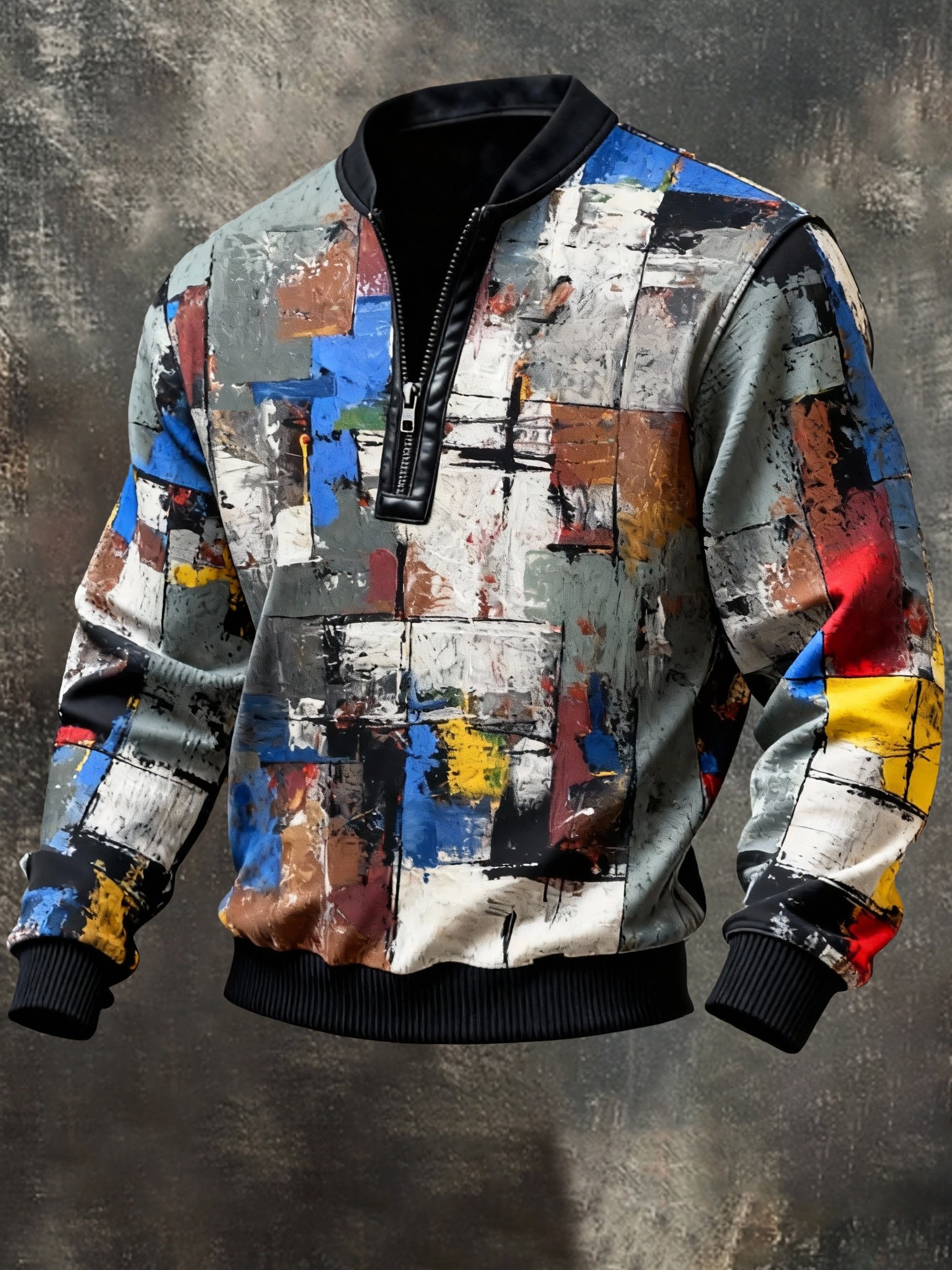 Sudadera casual retro Contrast Color Half Zip Stand cuello de manga larga para hombre