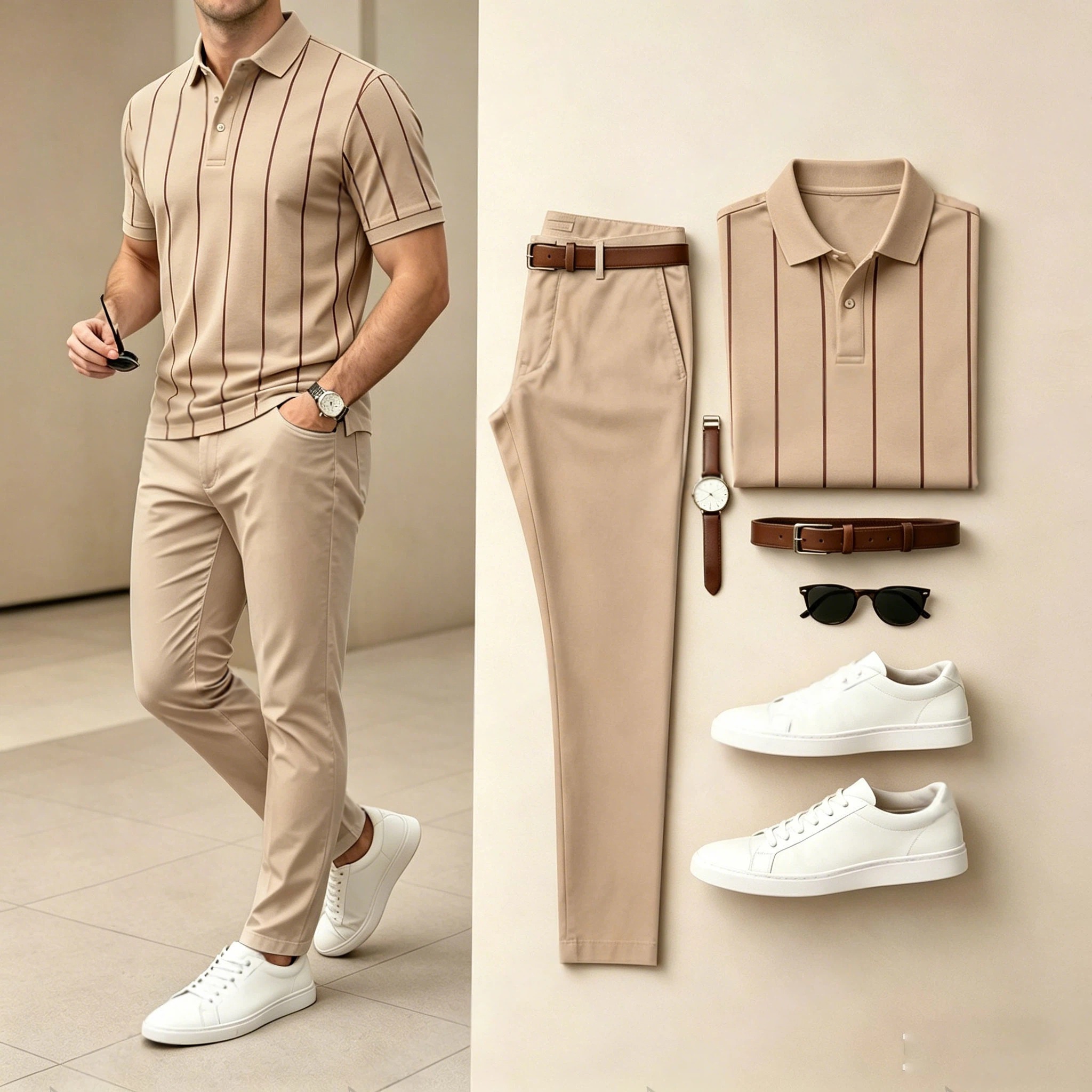 Conjunto de dos piezas casual Light Brown estampado camisa polo And pantalón para hombre