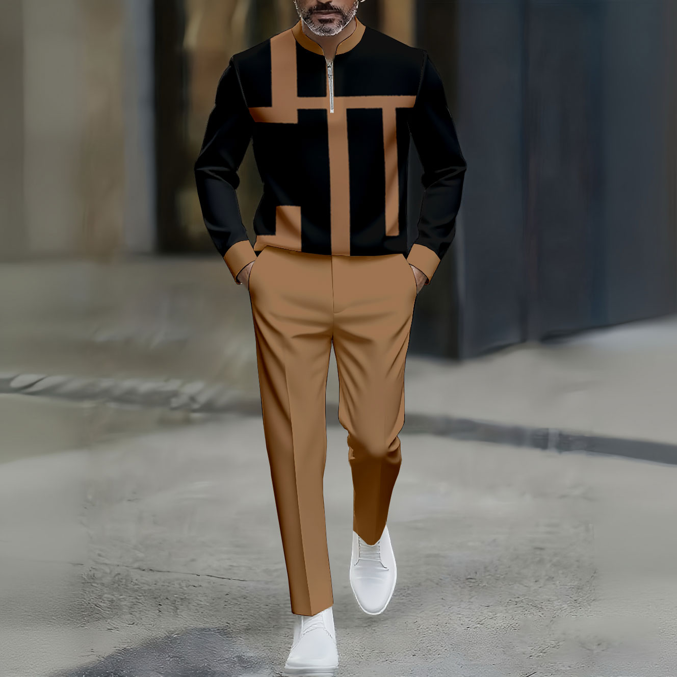 Conjunto de dos piezas casual Brown & Black Color Matching Asymmetric a rayas estampado Round-Neck Zipper de manga larga Trousers para hombre