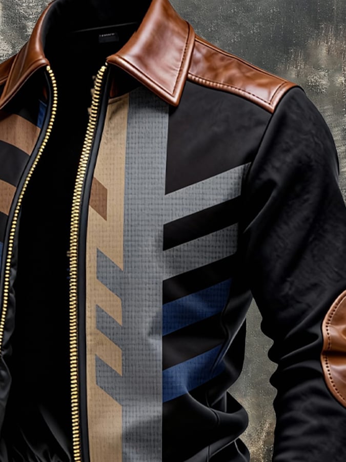 Chaqueta retro en bloques de color estampado Patchpara trabajo cuero Warm Multi-bolsillo para exterior para hombre