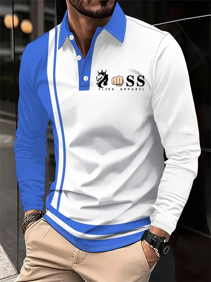 para hombre retro Letter Design ejecutivo de manga larga camisa polo