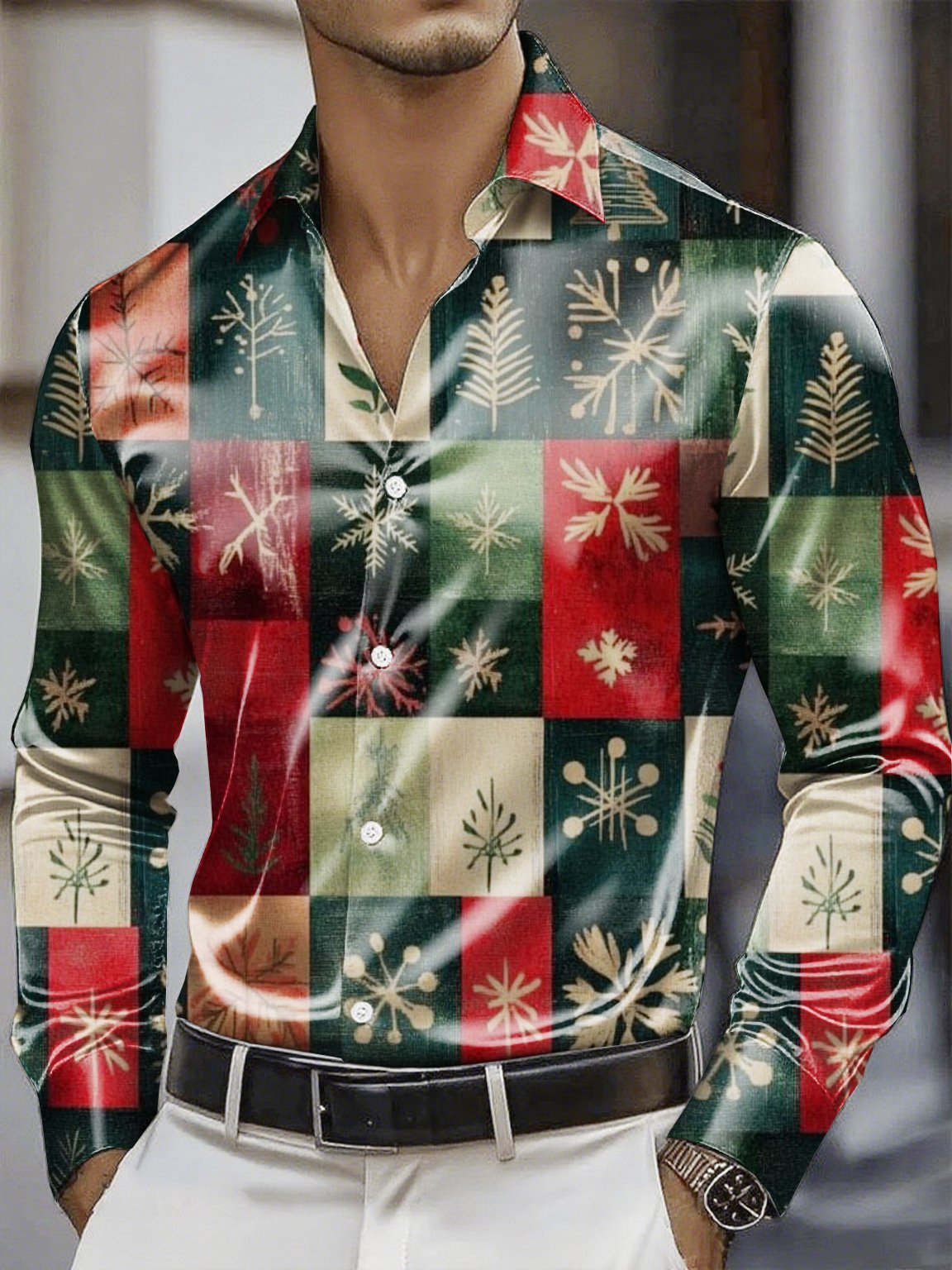 Camisa Christmas satén Luxe de manga larga con botones para hombre