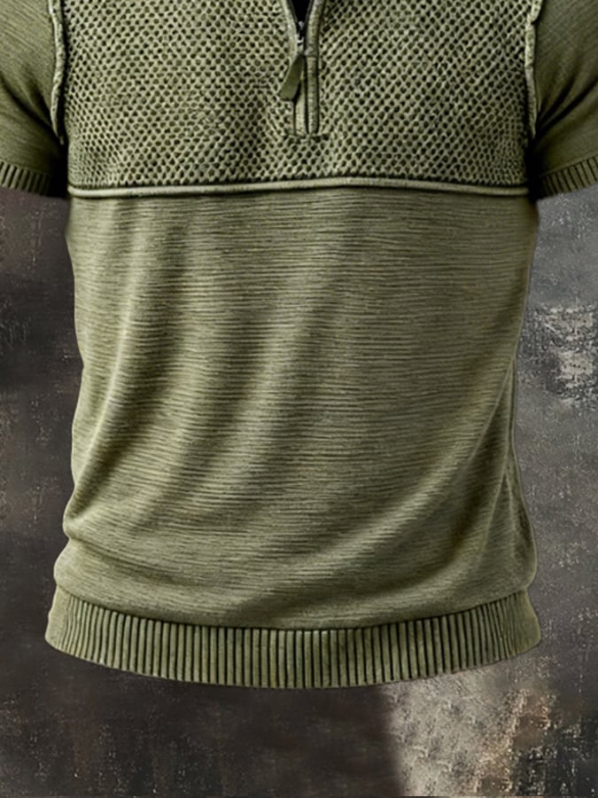 Retro en bloques de color tejido Half-Zip cuello de manga corta Top para hombre