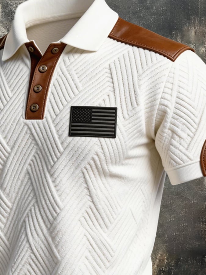 Retro Textured Color-Blocked Polo Collar de manga cortas para hombre