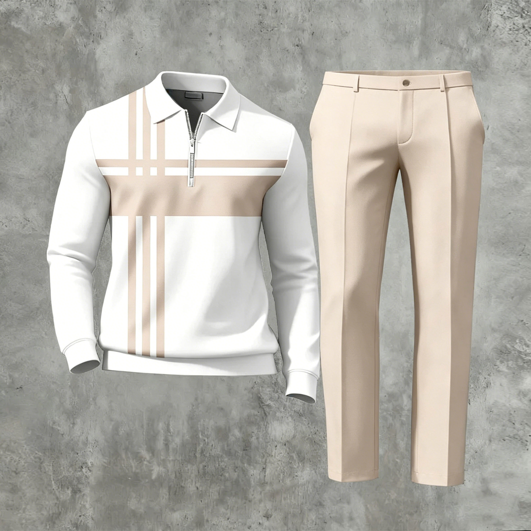 para hombre casual Apricot Pink Geometric estampado de manga larga And pantalón conjunto de dos piezas