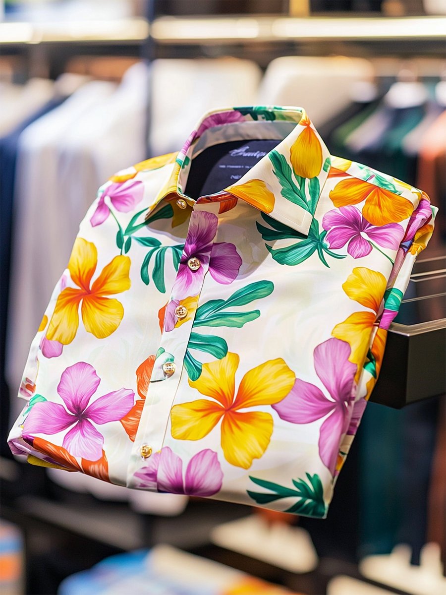 Camisa satén Luxe hawaiano estampado de manga corta Button para hombre
