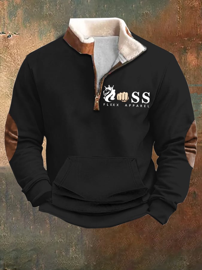 Sudadera vintage Letter Design estampado Plush Stand cuello cierre para hombre