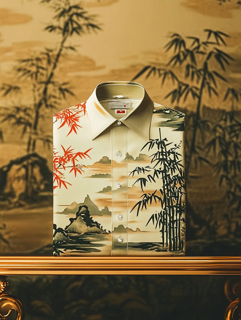 Camisa de lujo clásico Ukiyo-e de manga larga para hombre