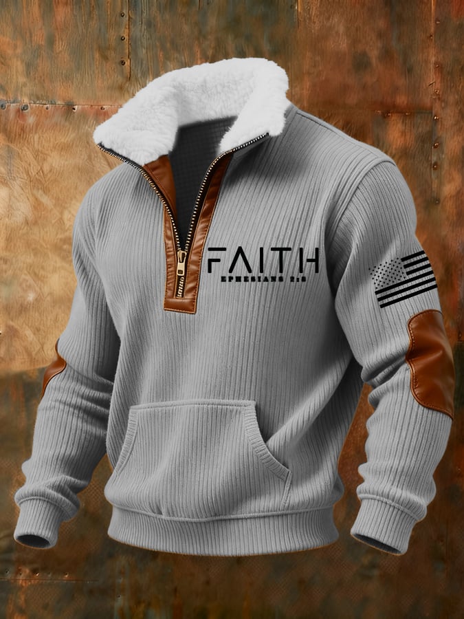 Sudadera retro Faith Cross estampado cierre Fur cuello de manga larga para hombre