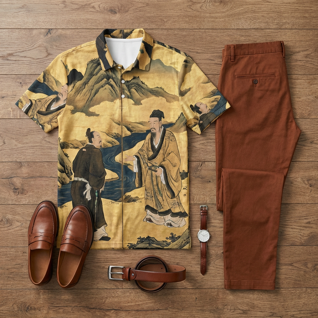 Conjunto de dos piezas casual Khaki-Colored Character estampado de manga corta camisa polo And Trousers para hombre