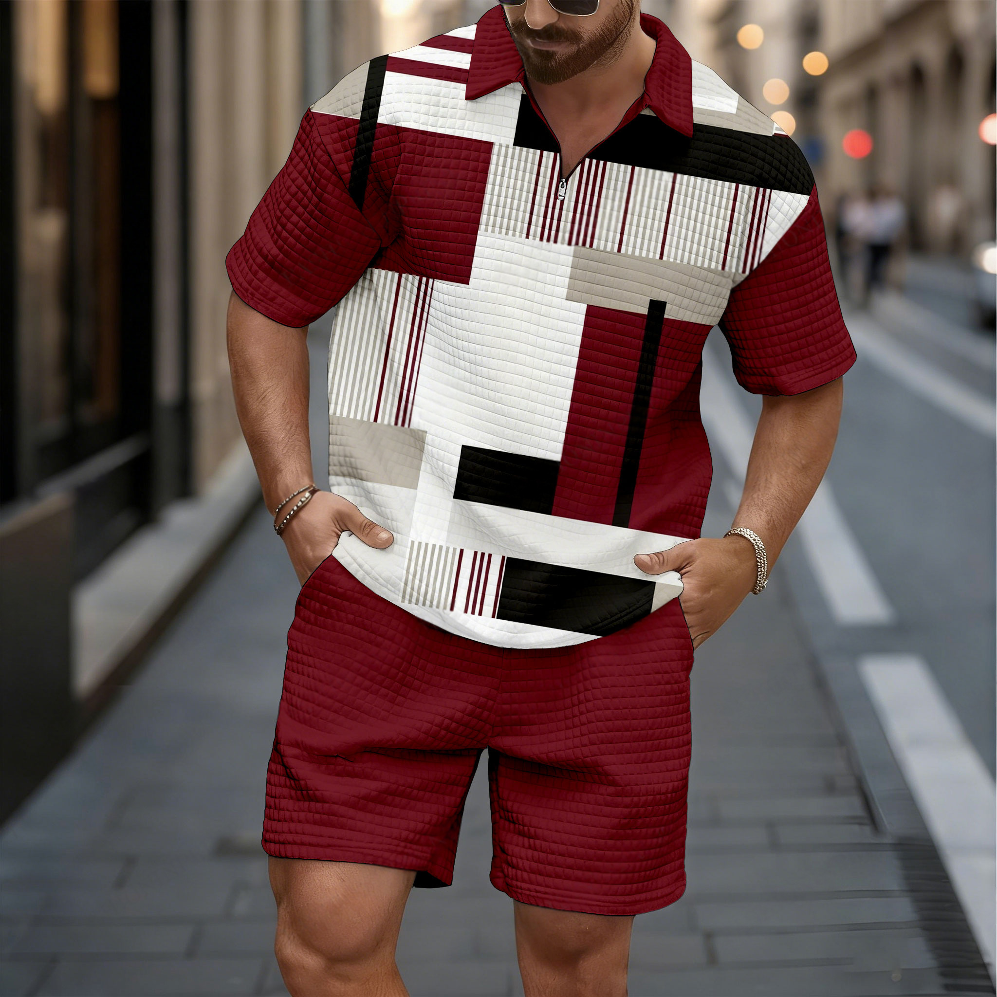 Conjunto de dos piezas casual Black & Res Color Matching Geometric Pattern de manga corta camisa And shorts para hombre