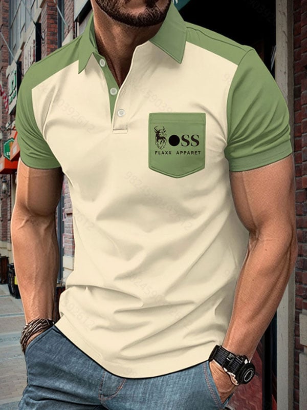 Camisa polo ejecutivo Color-Blocked Logo con botones de manga corta para hombre