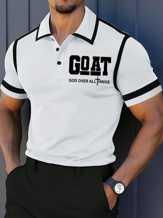 Camisa polo retro Faith “Goat God Over All Things” casual estampado para hombre