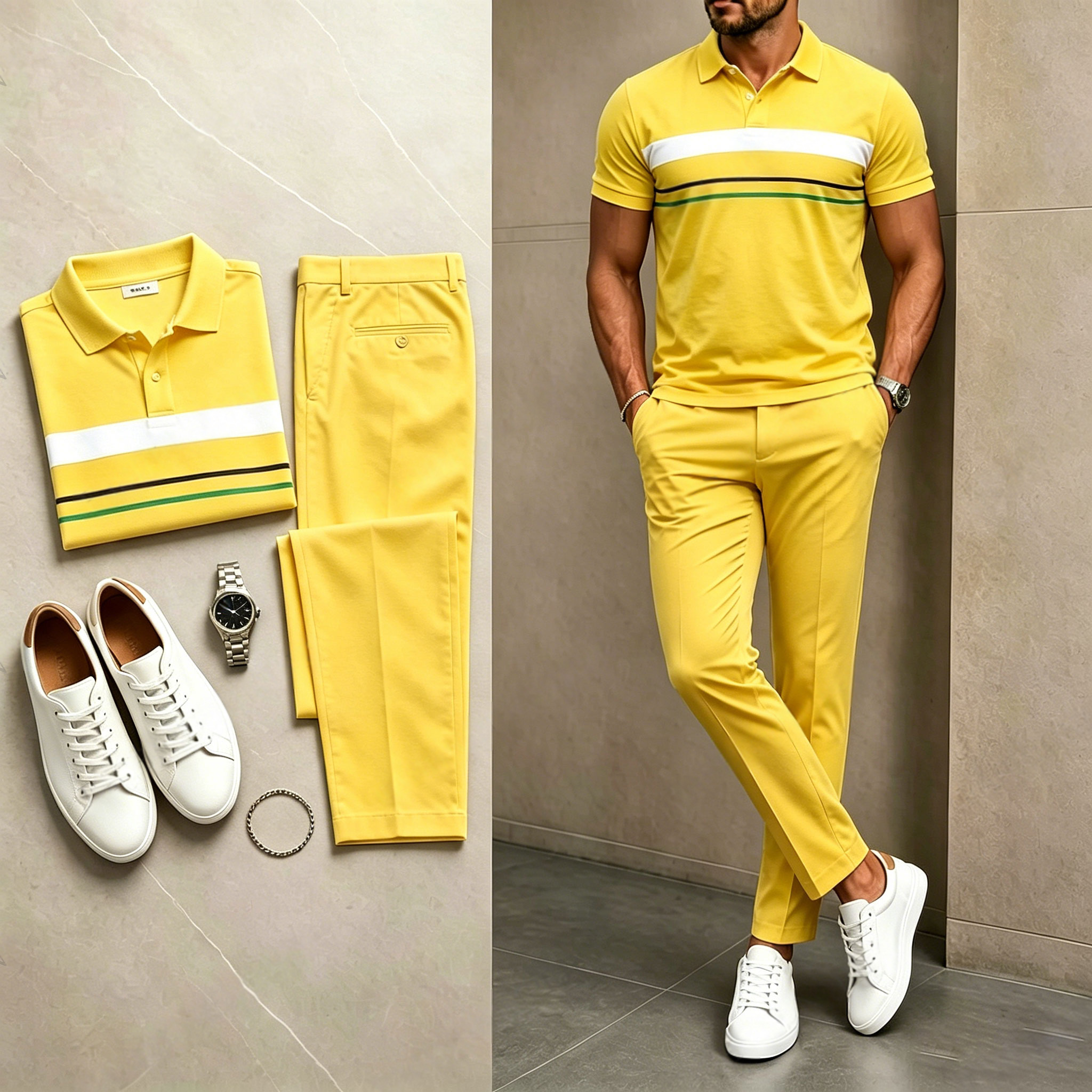Conjunto de dos piezas casual Pale Yellow estampado camisa polo And pantalón para hombre