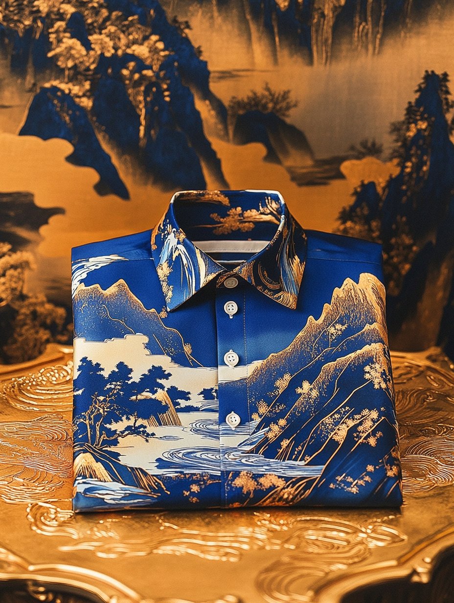 Camisa de lujo clásico Ukiyo-e de manga larga para hombre