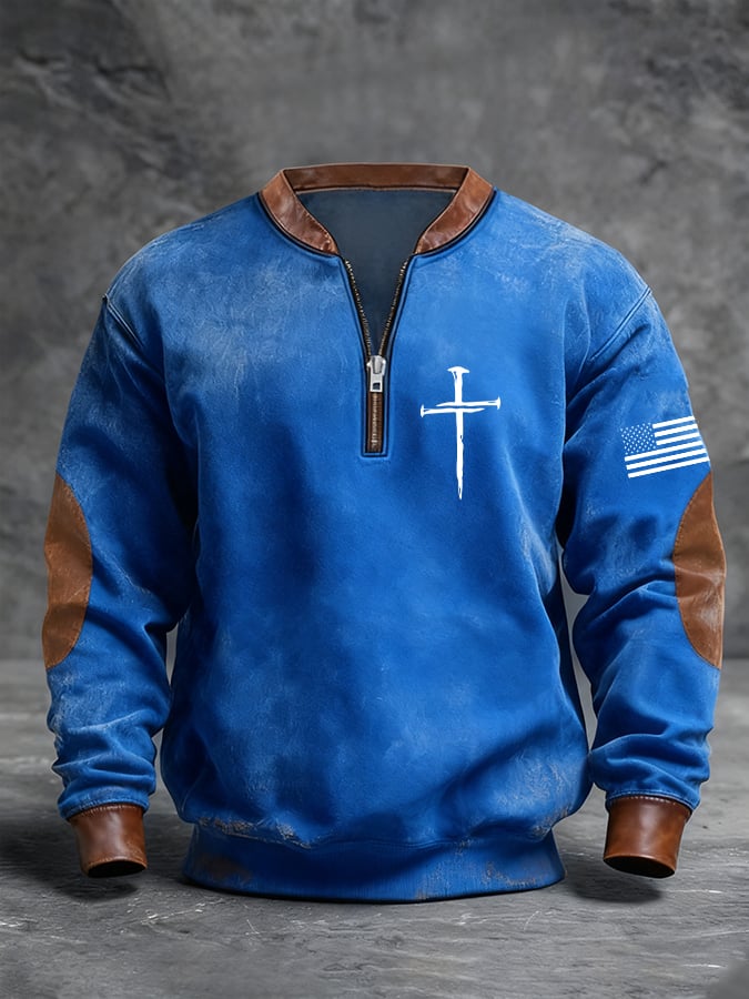 Sudadera retro Faith Cross estampado cierre Stand cuello de manga larga para hombre