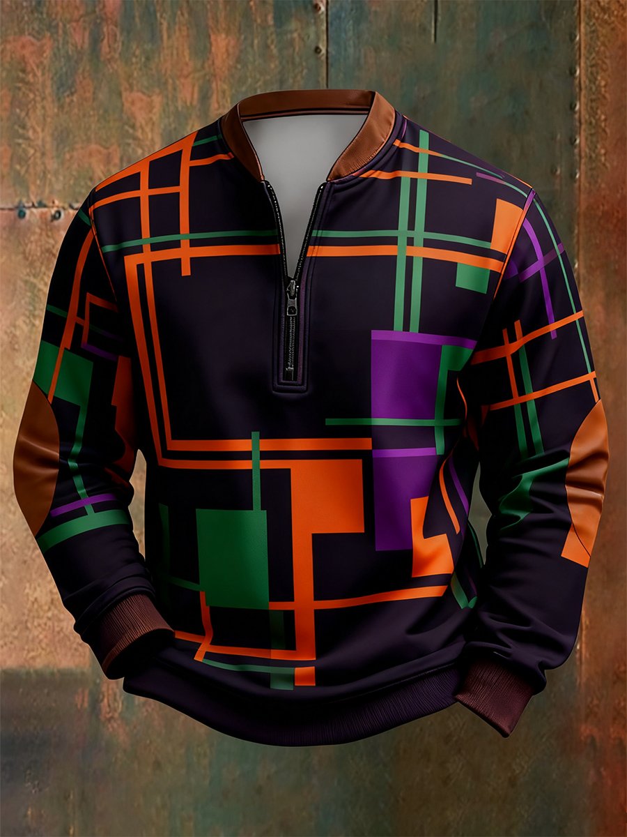 Sudadera retro Bauhaus geométrico Style estampado Quarter Zip para hombre