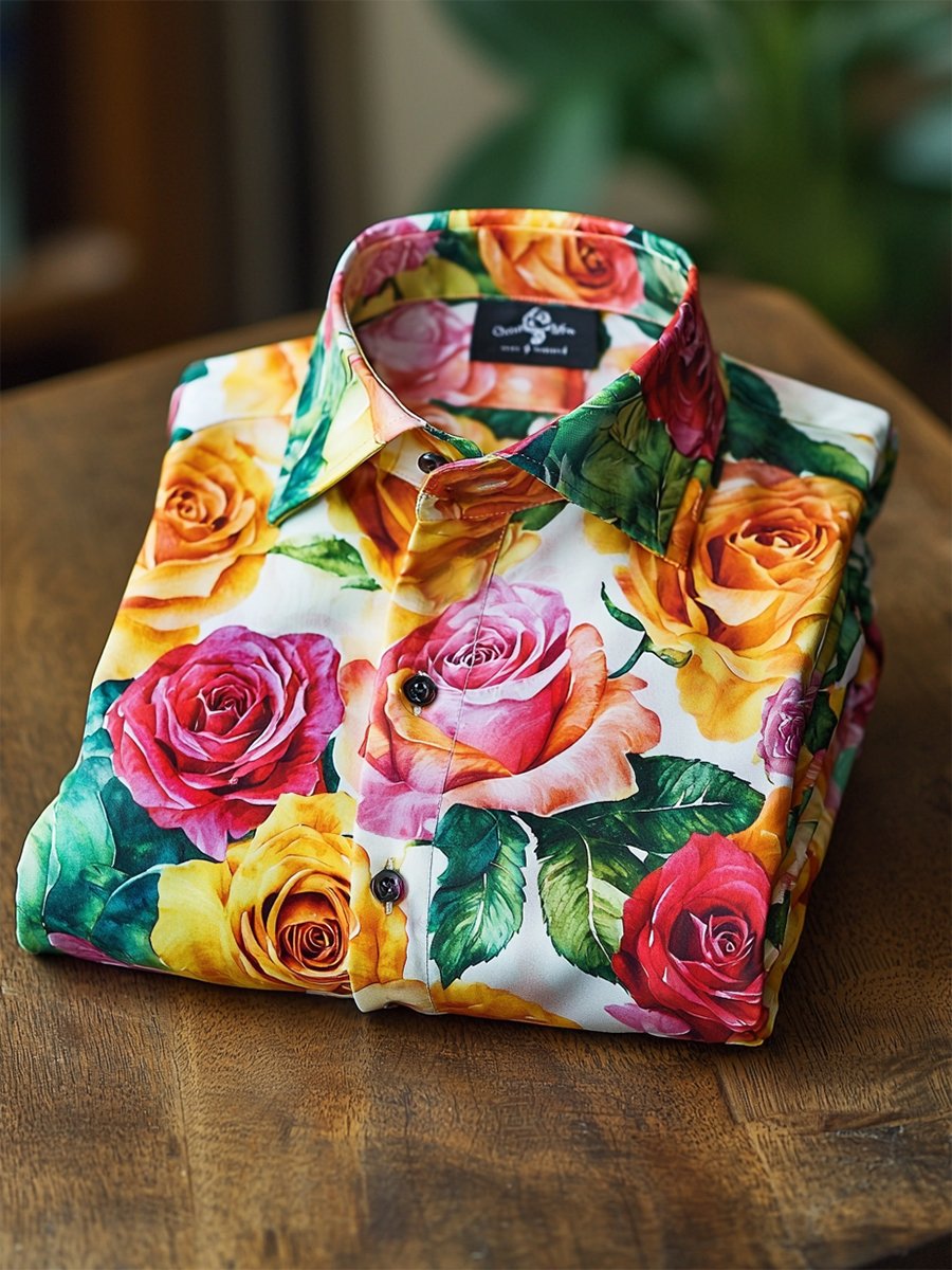 Camisa satén Luxe hawaiano estampado de manga corta Button para hombre