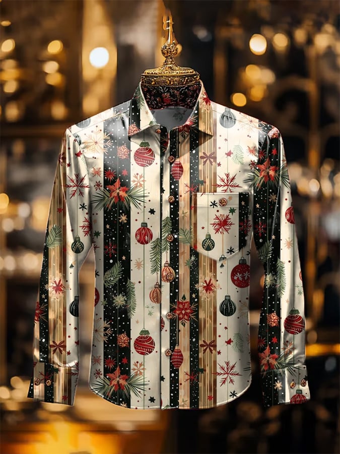 De lujo Christmas Contrast estampado de manga larga Pockecamiseta para hombre