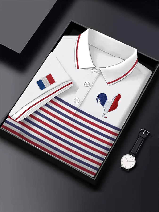 Camisa polo de manga corta French rayas estampado Button para hombre