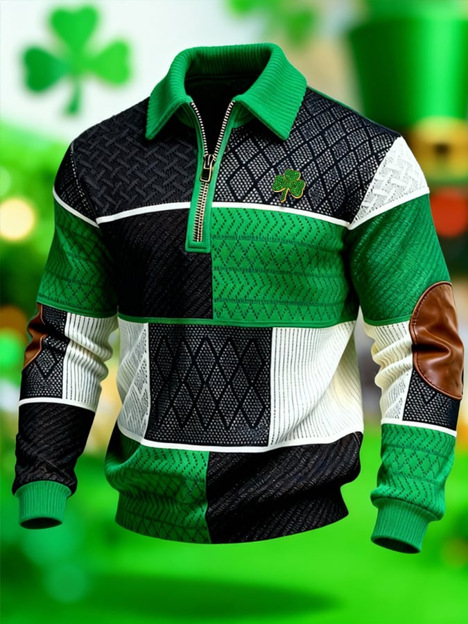 Sudadera (Detachable Shamrock Brooch Included) St. Patrick's Day estampado Color-Block con cierre con gorrasucha para hombre