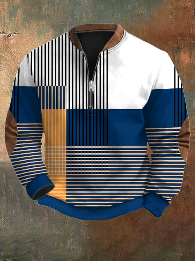 Sudadera retro Mondrian en bloques de color estampado Zip cuello para hombre