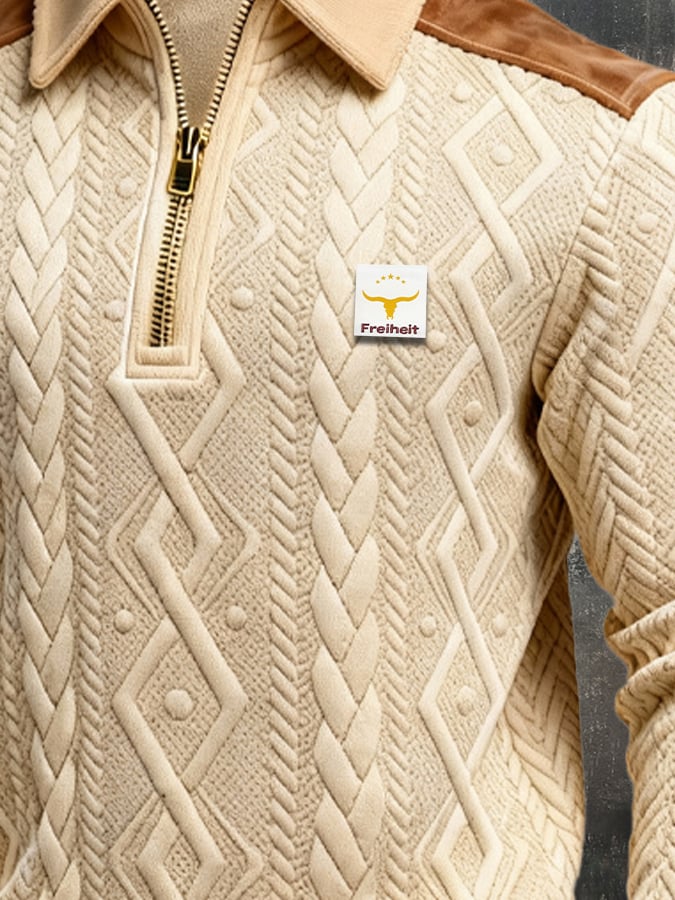 Sudadera retro jacquard texturizado Patchpara trabajo Comfortable Color-Blocked con cierre para hombre