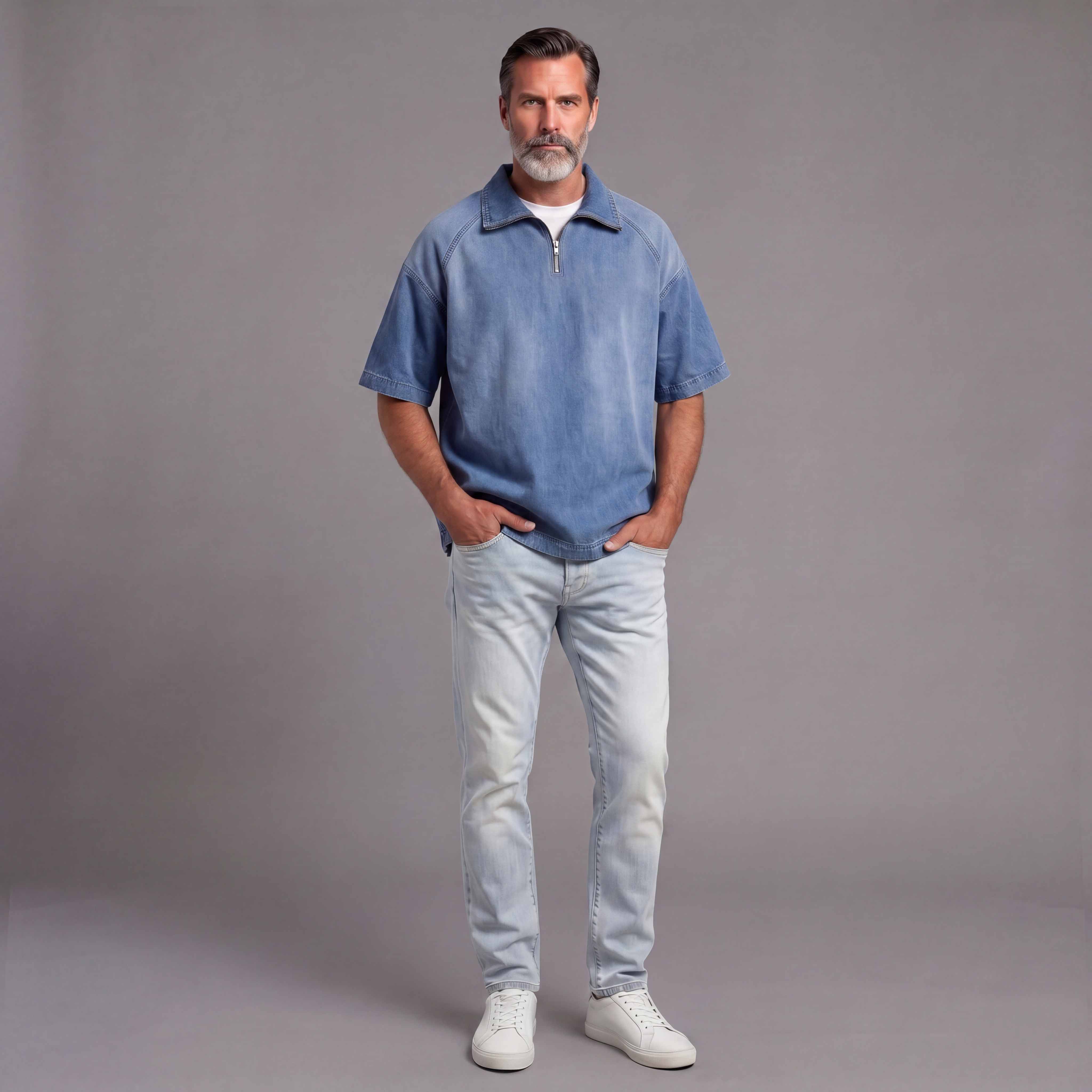 Camisa desgastado Denim de manga corta With Zipper Collar para hombre