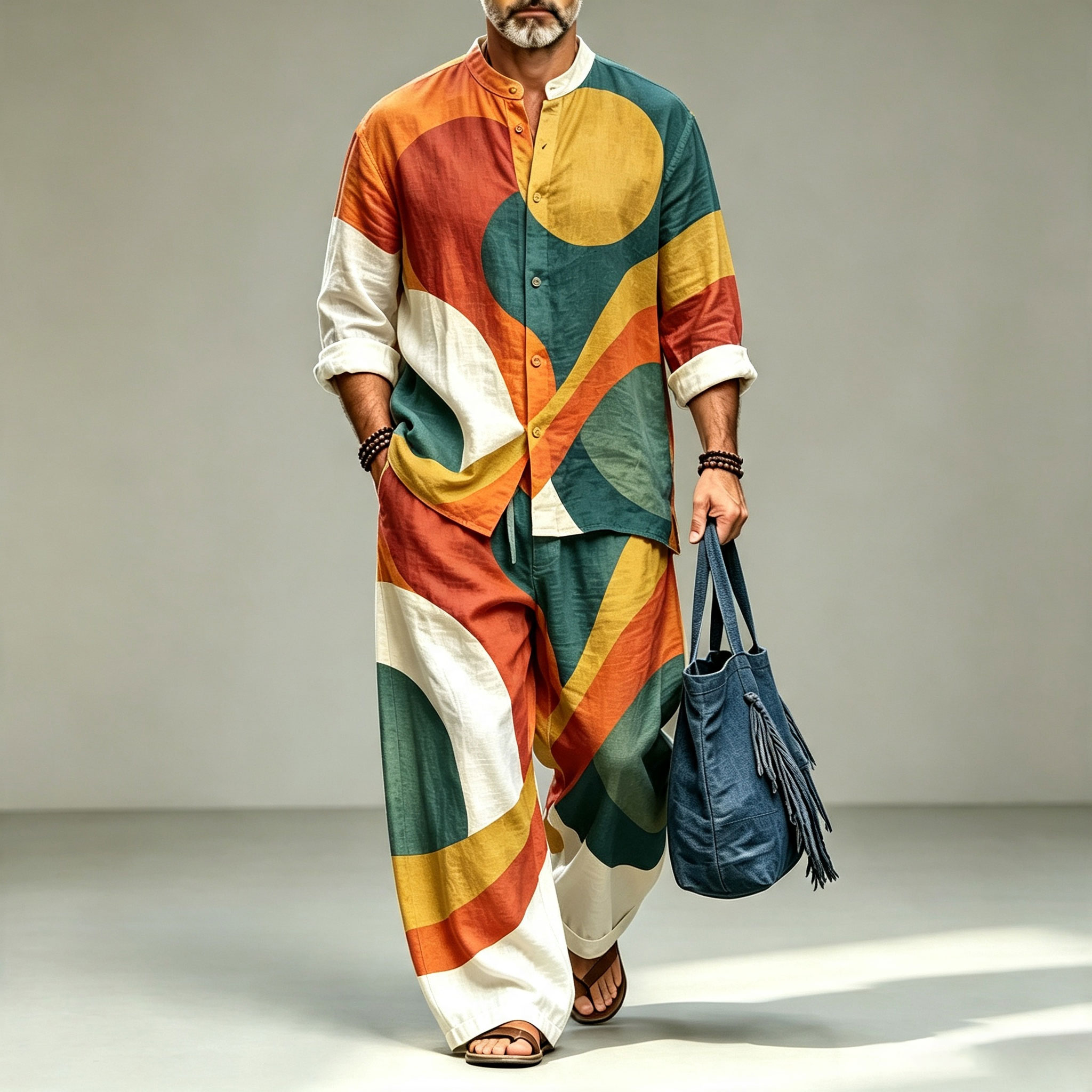 para hombre Multi-en bloques de color-Print Stand-Collar de manga larga camisa and pantalón Set