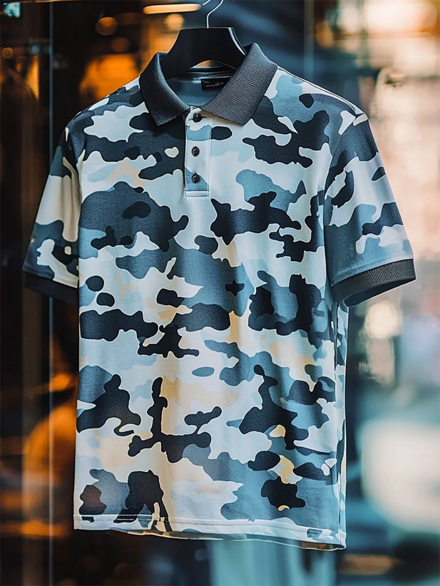 Camisa polo casual ejecutivo camuflaje estampado Button de manga corta para hombre