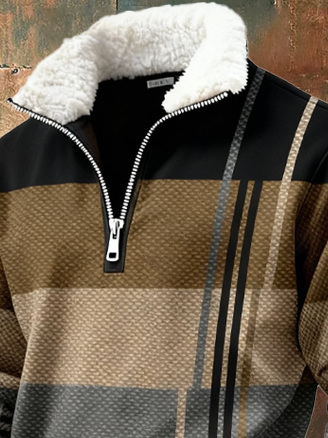 Sudadera retro en bloques de color estampado casual Fur cuello para hombre