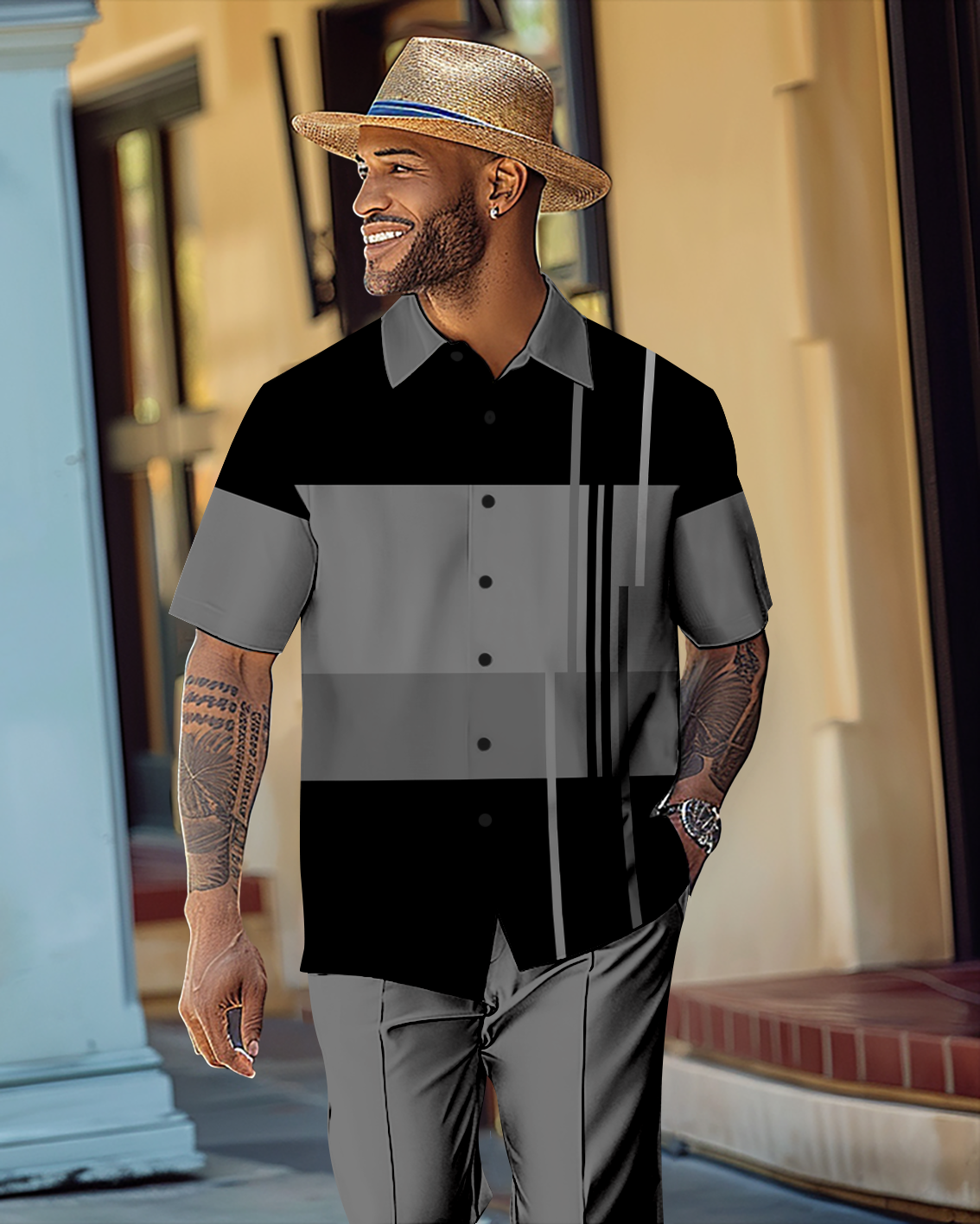 Camisa Gradient en bloques de color de manga corta Walking Suit 1143 para hombre