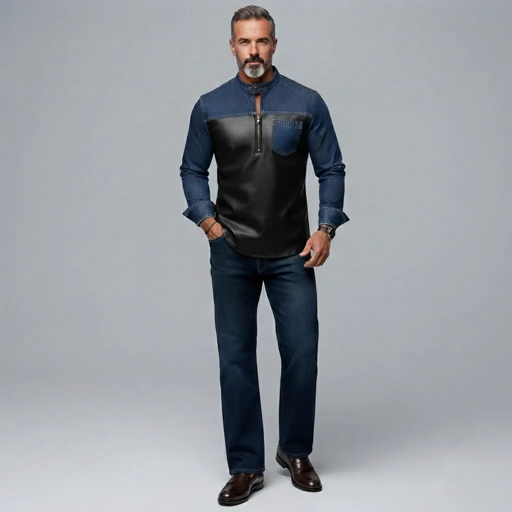 Denim PU Leather Patchpara trabajo Stand Collar Half Zip Chest Pocket Slim Ficamiseta para hombre