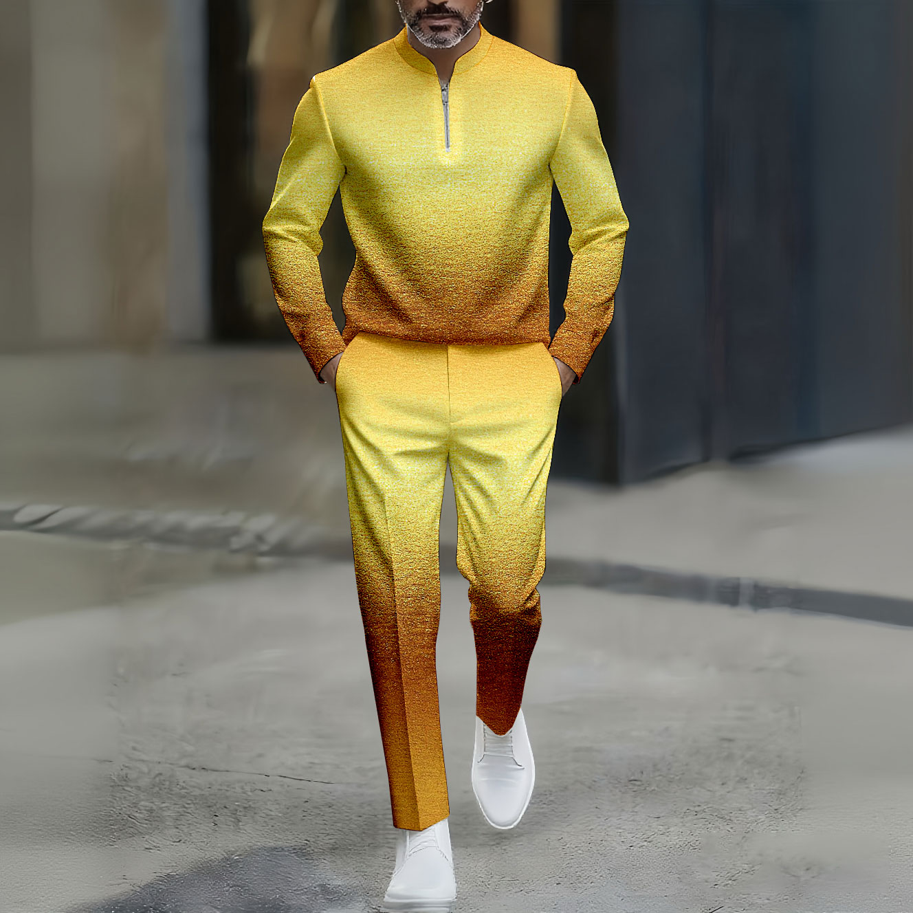 Conjunto de dos piezas casual Gold Gradient Color Round-Neck Zipper de manga larga Trousers para hombre