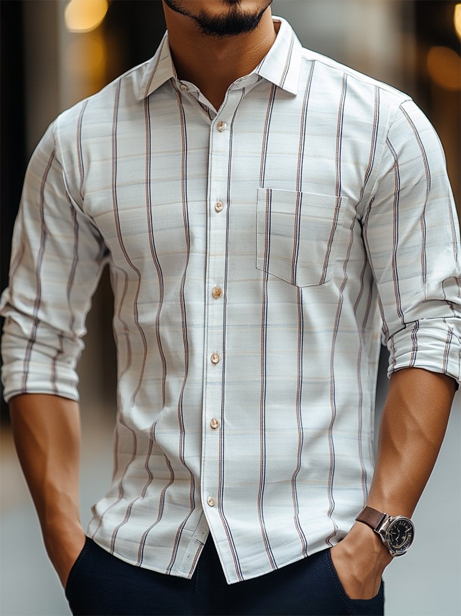 Camisa casual a rayas de manga larga para hombre