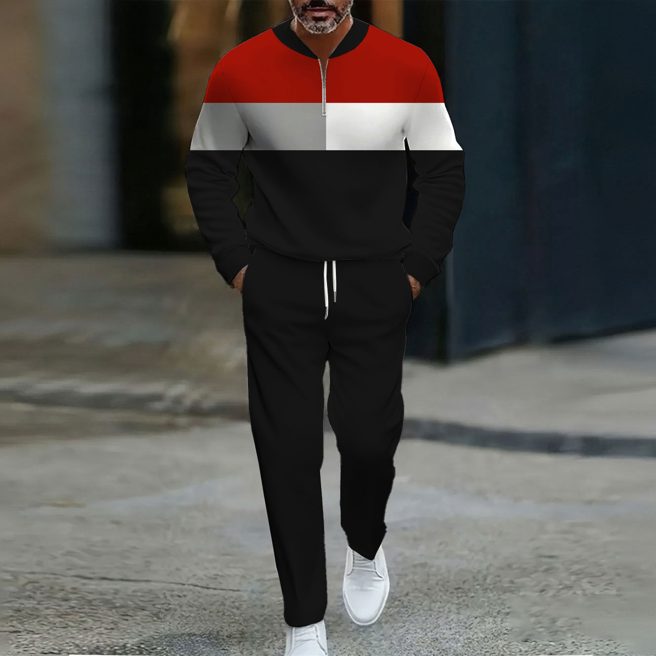 Conjunto de dos piezas casual Black & Red Geometric a rayas estampado Round Neck Zipper de manga larga sudadera & pantalón para hombre