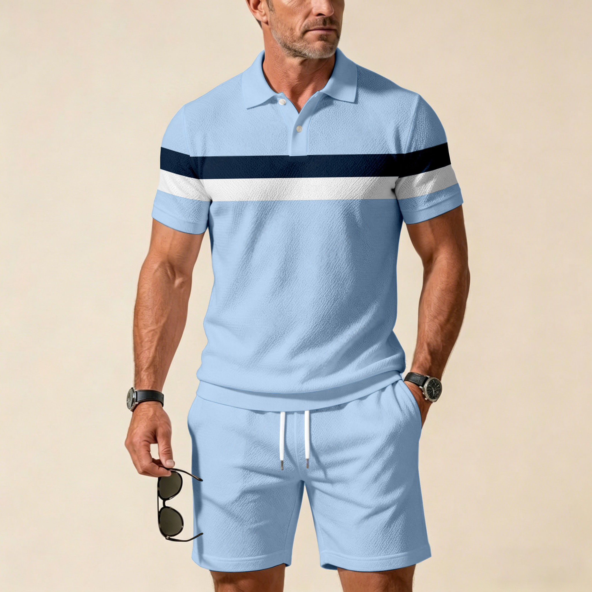 Conjunto de dos piezas casual Sky Blue Geometric Pattern Color Matching estampado de manga corta Zipper camisa polo & shorts para hombre