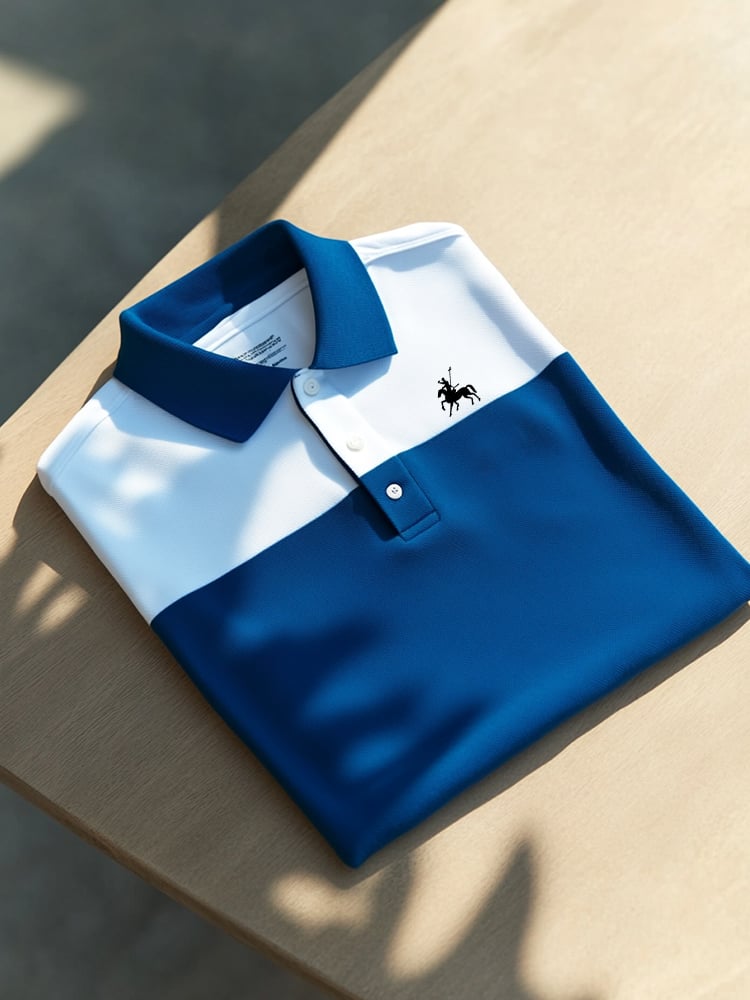 Camisa polo ejecutivo casual Blue and White Block Button de manga corta para hombre