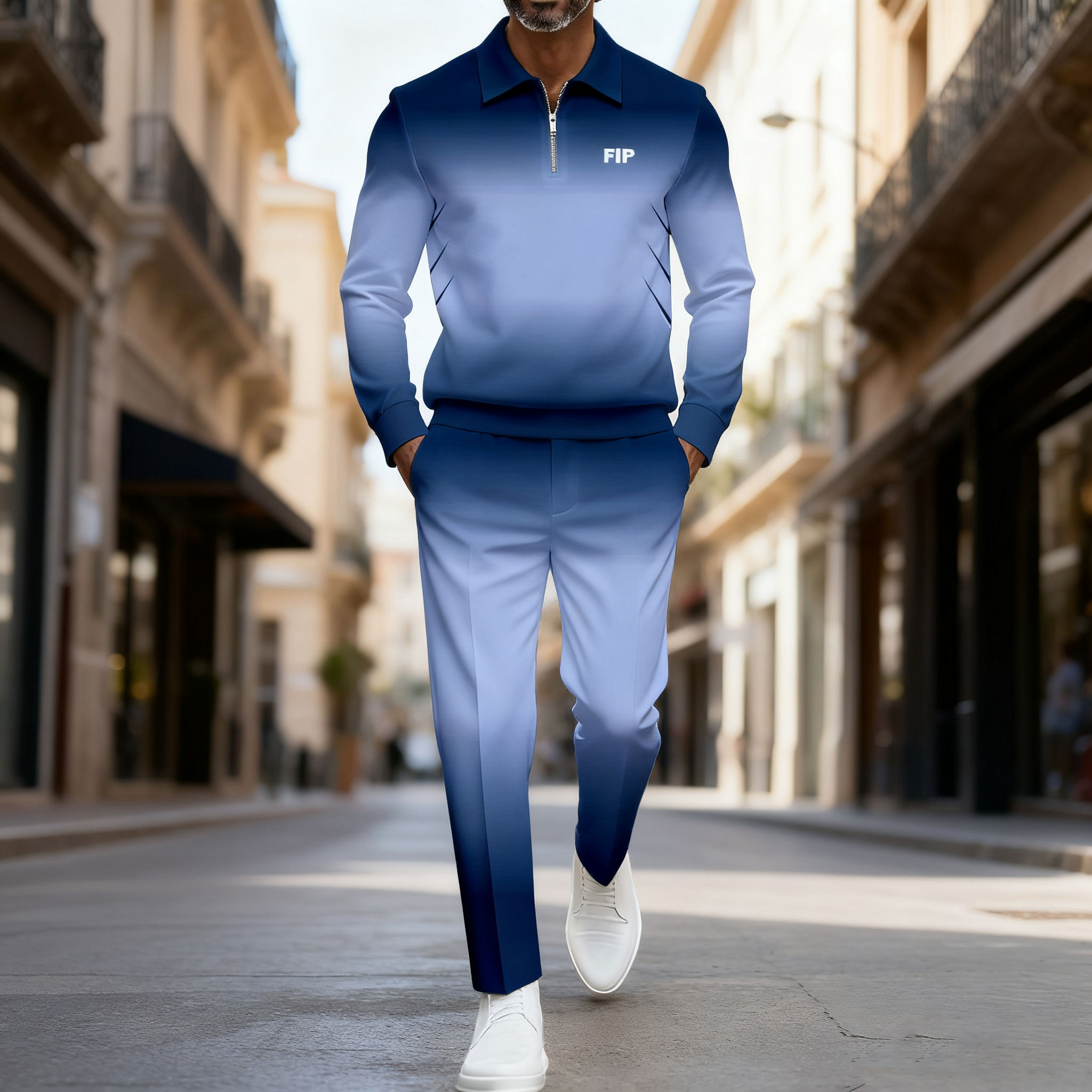 Conjunto de dos piezas casual Purple Gradient Color Matching estampado Polo-Collar Zipper de manga larga Trousers para hombre