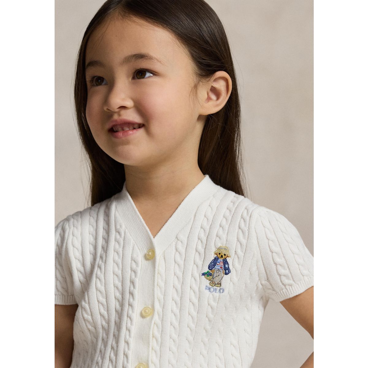 Girls 2-6x Polo Bear Cable Cotton V-Neck Cardigan - 2
