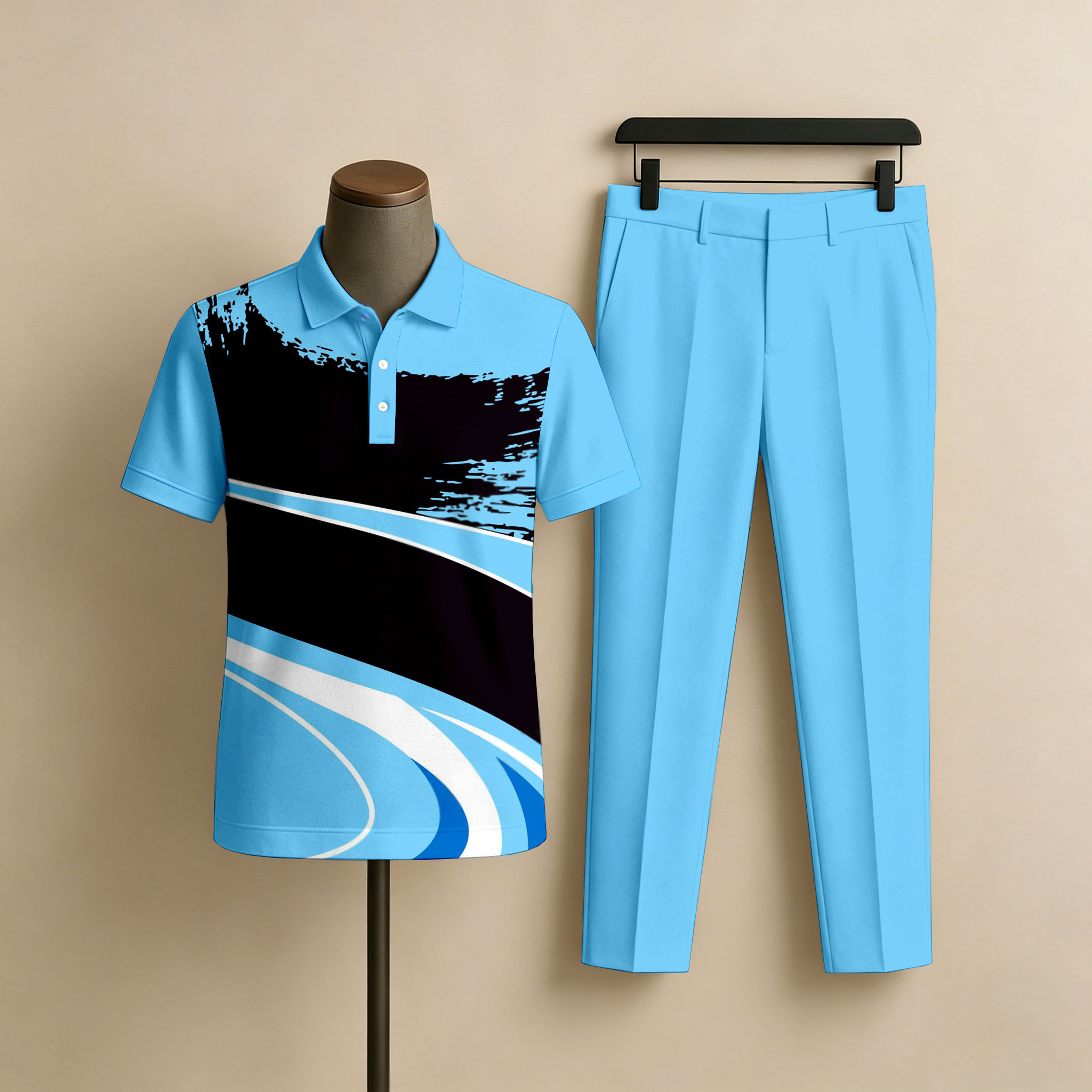 Conjunto de dos piezas casual Blue & Black Smudge estampado Polo de manga corta camiseta And pantalón para hombre