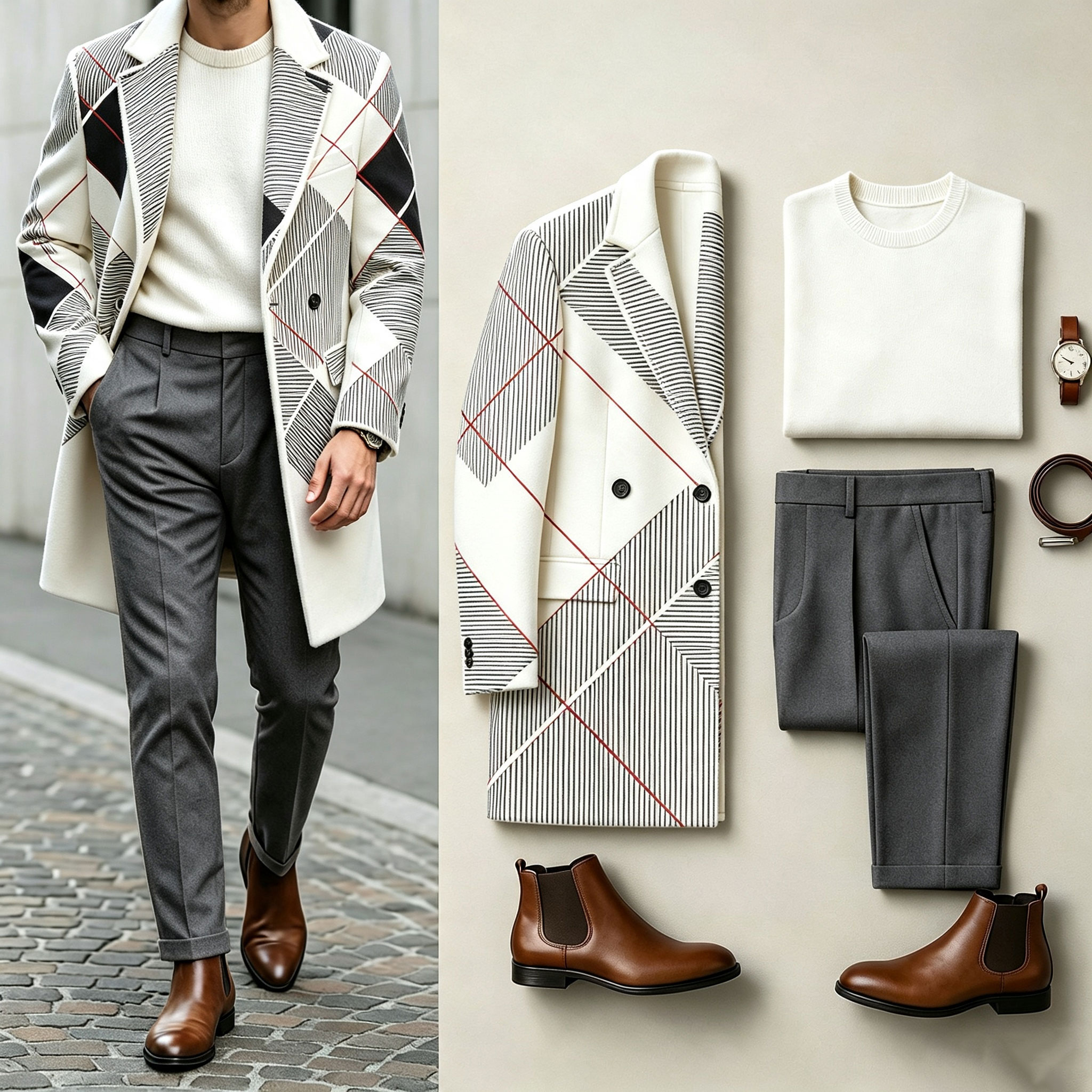 para hombre Three-Piece Set: Mid-Length Wool Coat, Crew-Neck Sweater, and Flowy Dress pantalón
