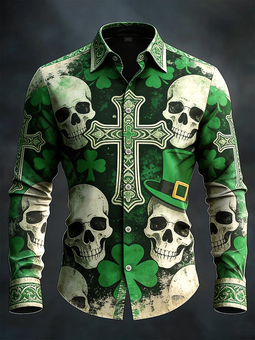 Camisa vintage St. Patrick's Day skull diseño de manga larga para hombre