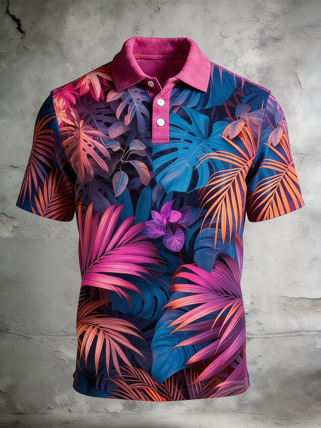 Moisture Wicking 3D Neon Color tropical Plant Leaves de manga corta Golf Polo