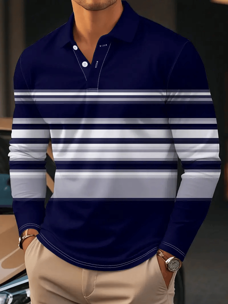 Camisa polo retro ejecutivo rayas estampado de manga larga para hombre