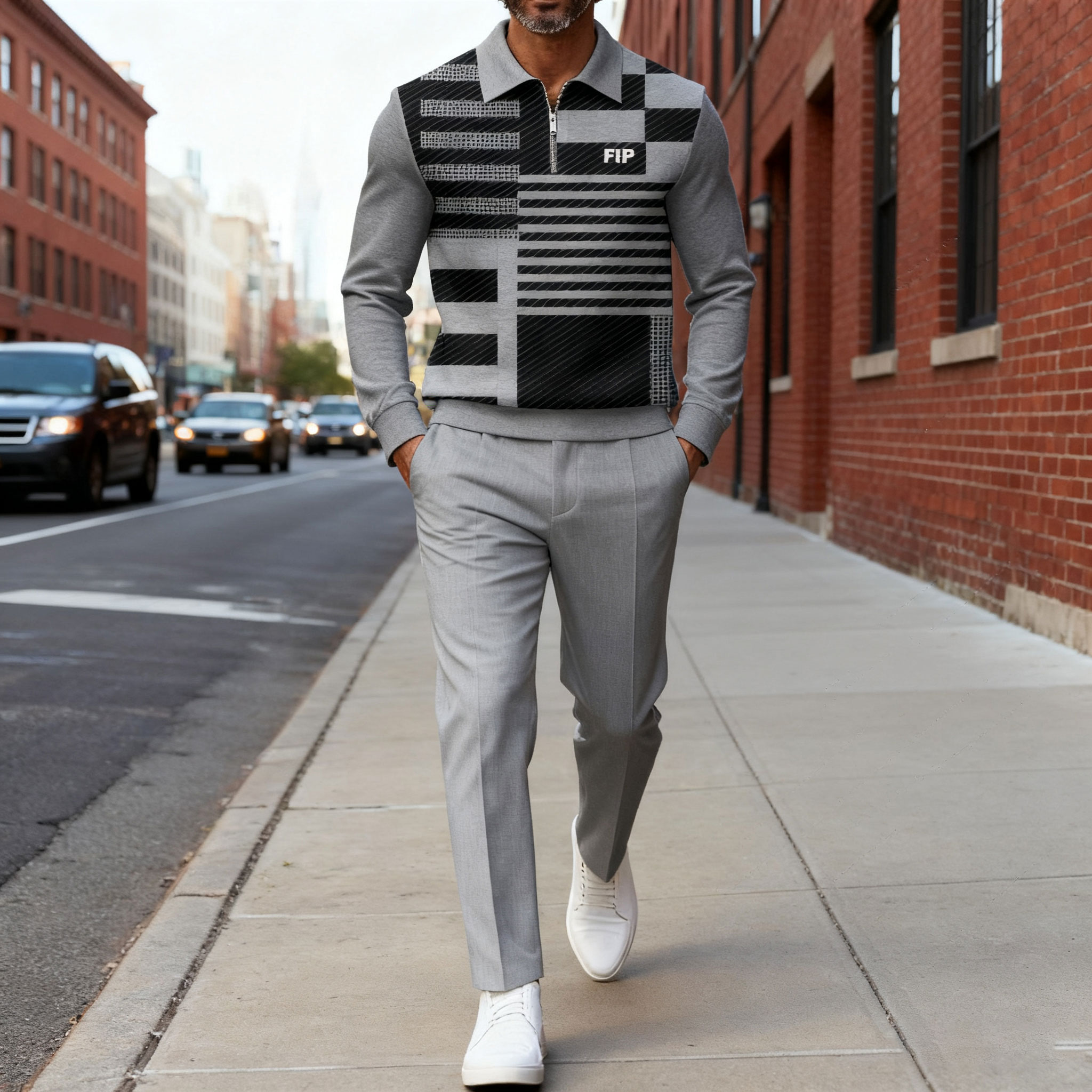 Conjunto de dos piezas casual Black & Gray Color Matching Geometric estampado Polo-Collar Zipper de manga larga Trousers para hombre
