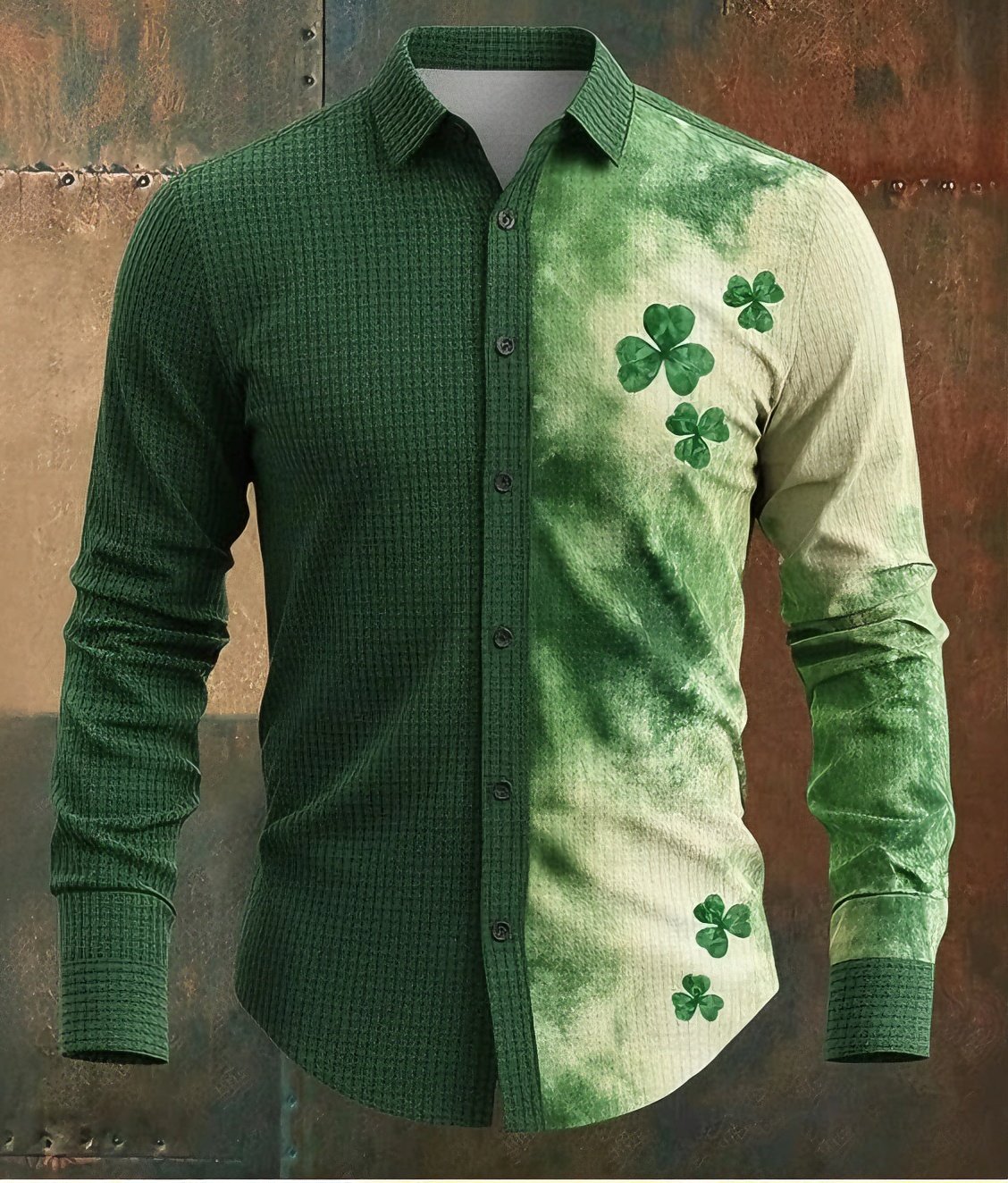 Camisa St. Patrick's Day Shamrock degradado Color Waffle camisa casual camisa de manga larga para hombre