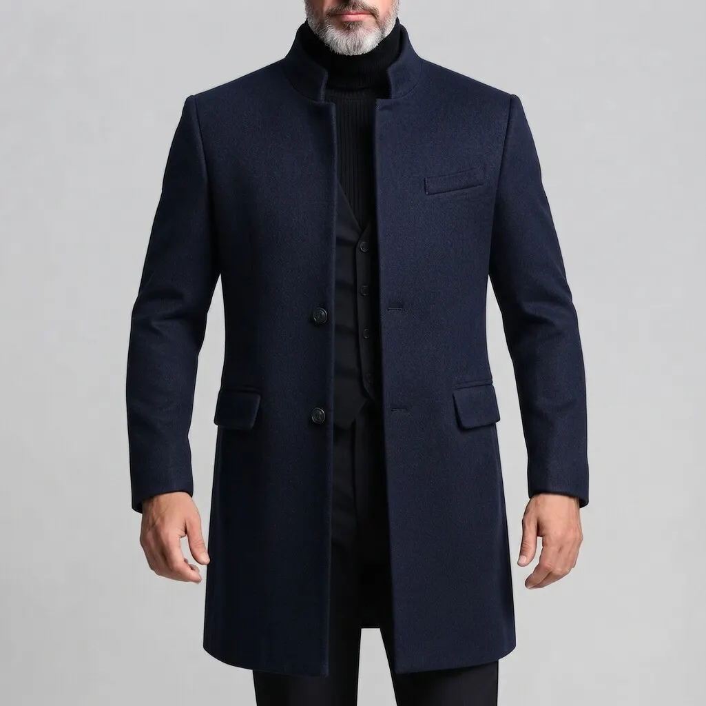 para hombre Smart casual Solid Stand Collar Single Breasted de manga larga Mid Length Woolen Coat