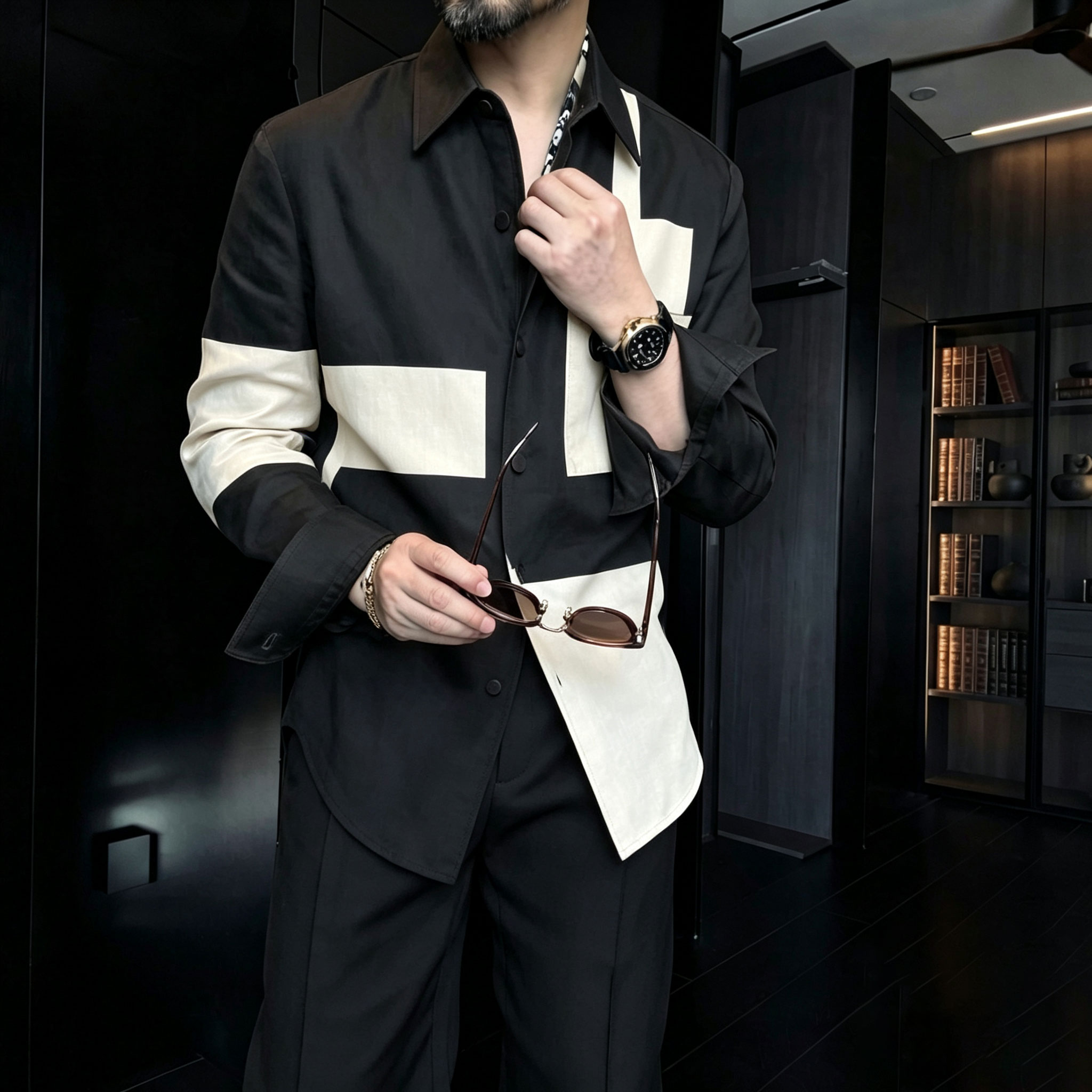 Conjunto de dos piezas casual Black-and-White Block-estampado Collared de manga larga camisa and pantalón para hombre