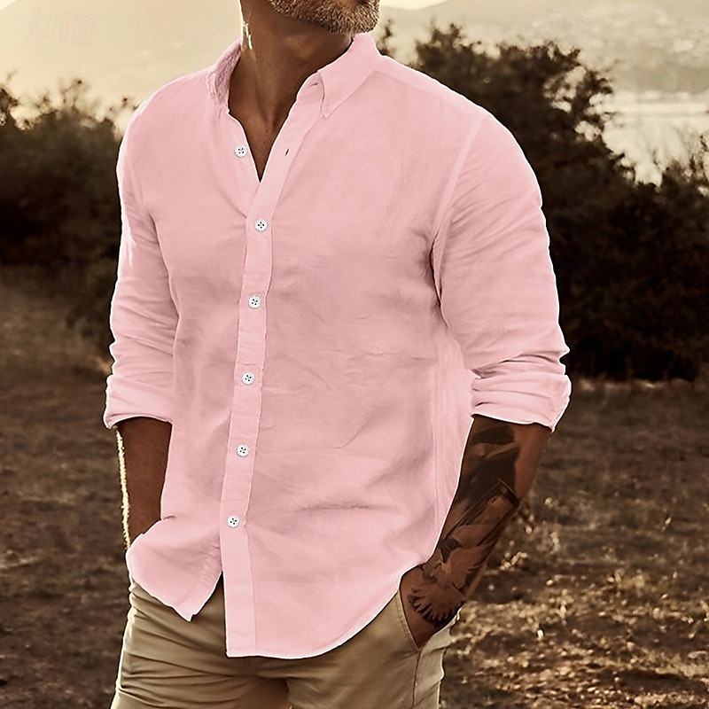 Camisa de lino Summer camisa Beach Wear Button Up camisa Plain casual para uso diario White Yellow Pink Blue de manga larga solapa Spring & Summer Clothing Apparel Front bolsillo para hombre - vista 7